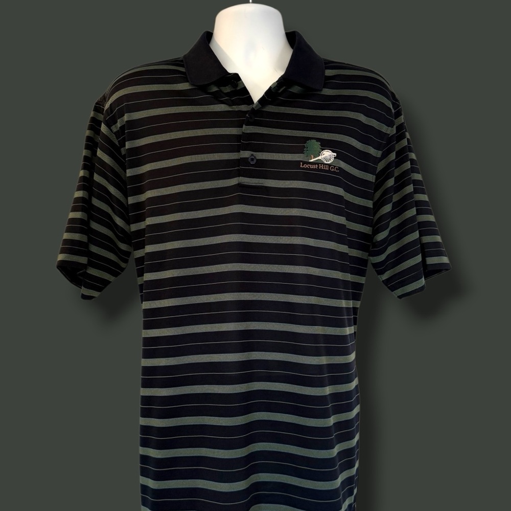 Monterey Club Golf Polo Shirt L Locust Hill G.C. Striped Navy Green Performance